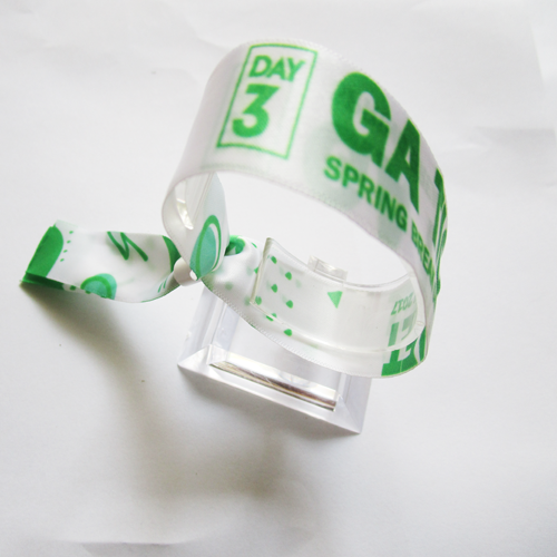 satin wristband with one time use plastic flat slid closure