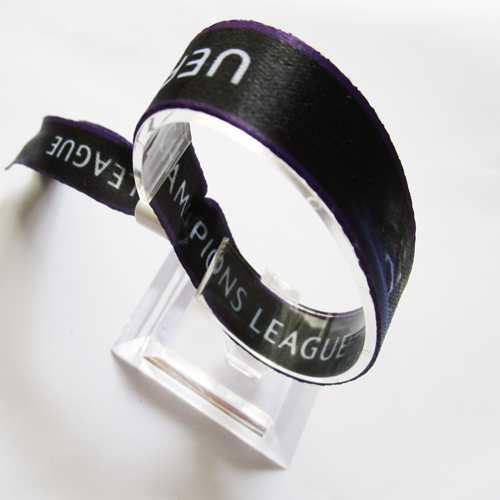 polyester wristband with one time use plastic flat slid closure